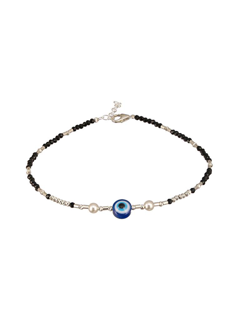 925 Sterling Silver Black Beads Beaded Delicate Minimal Charm Anklet : AGPL5250