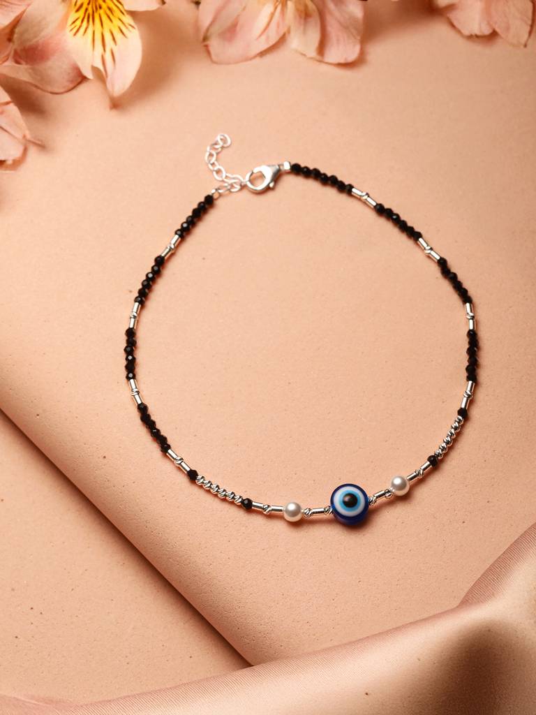 925 Sterling Silver Black Beads Beaded Delicate Minimal Charm Anklet : AGPL5250