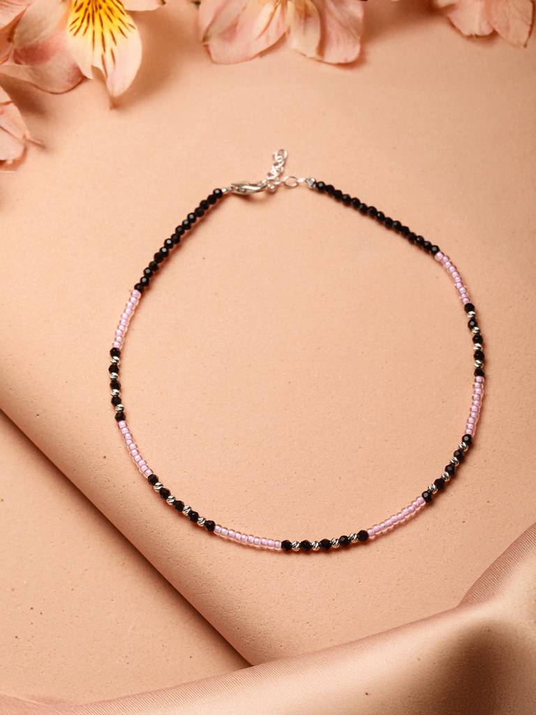 925 Sterling Silver Black & White Beads Designer Minimal Anklet : AGPL5251