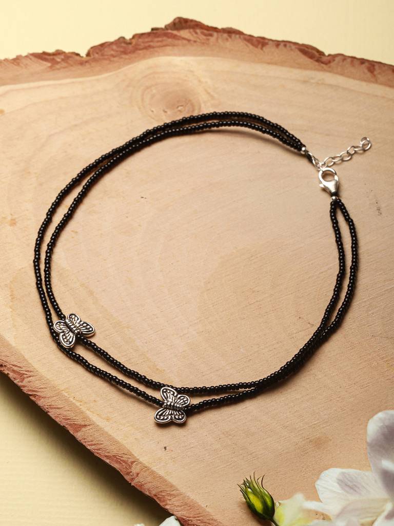 925 Sterling Silver Black Beads Butterfly Charms Payal Anklet : AGPL5261