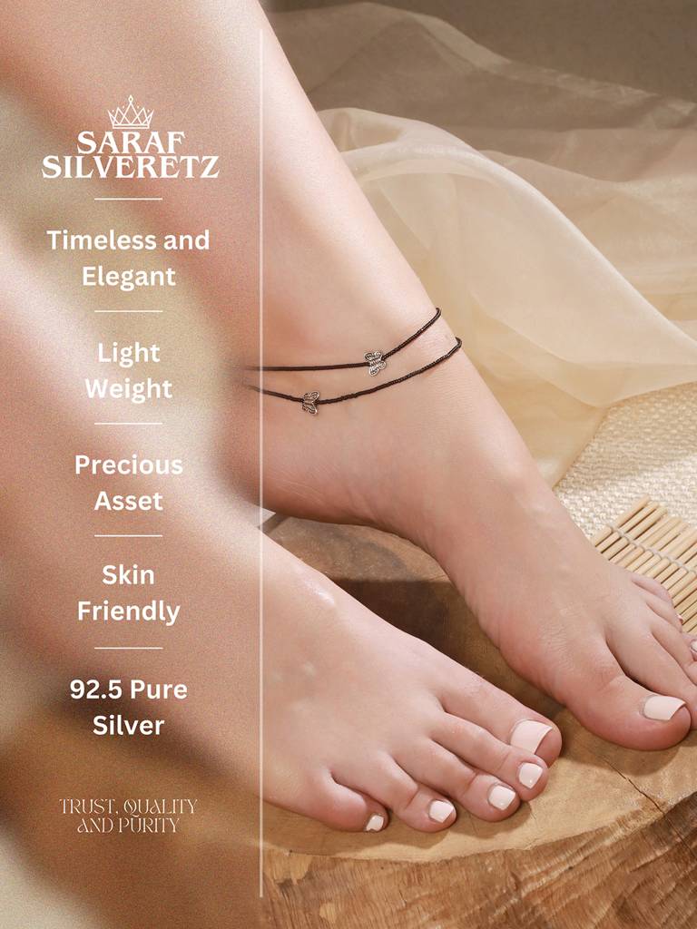 925 Sterling Silver Black Beads Butterfly Charms Payal Anklet : AGPL5261