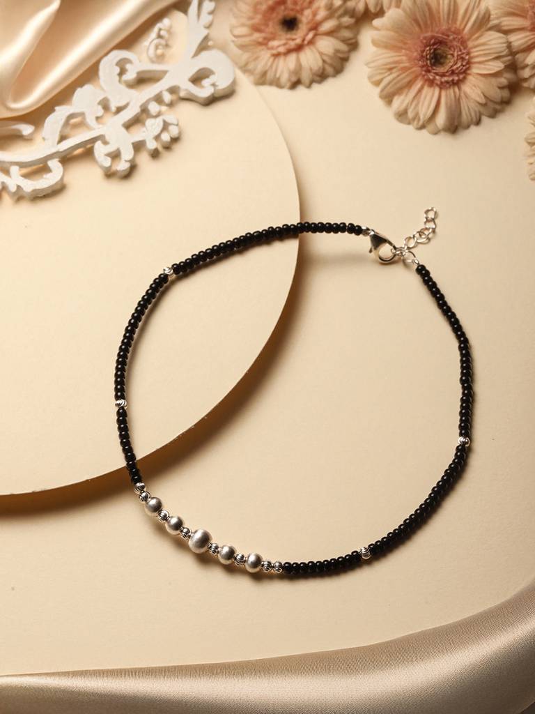925 Sterling Silver Black Beads Balls Charms Nazar Payal Anklet : AGPL5262