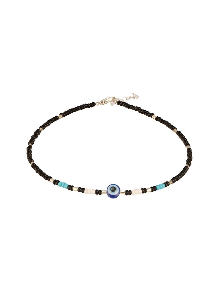 925 Sterling Silver Silver & Black Beads Evil Eye Charms Delicate Payal Anklet : AGPL5263