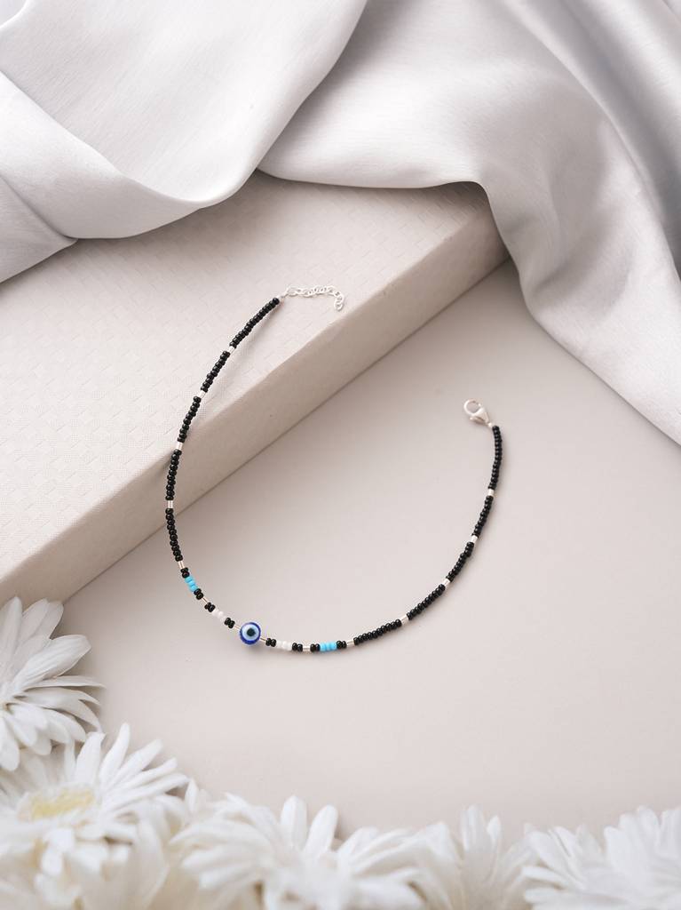 925 Sterling Silver Silver & Black Beads Evil Eye Charms Delicate Payal Anklet : AGPL5263