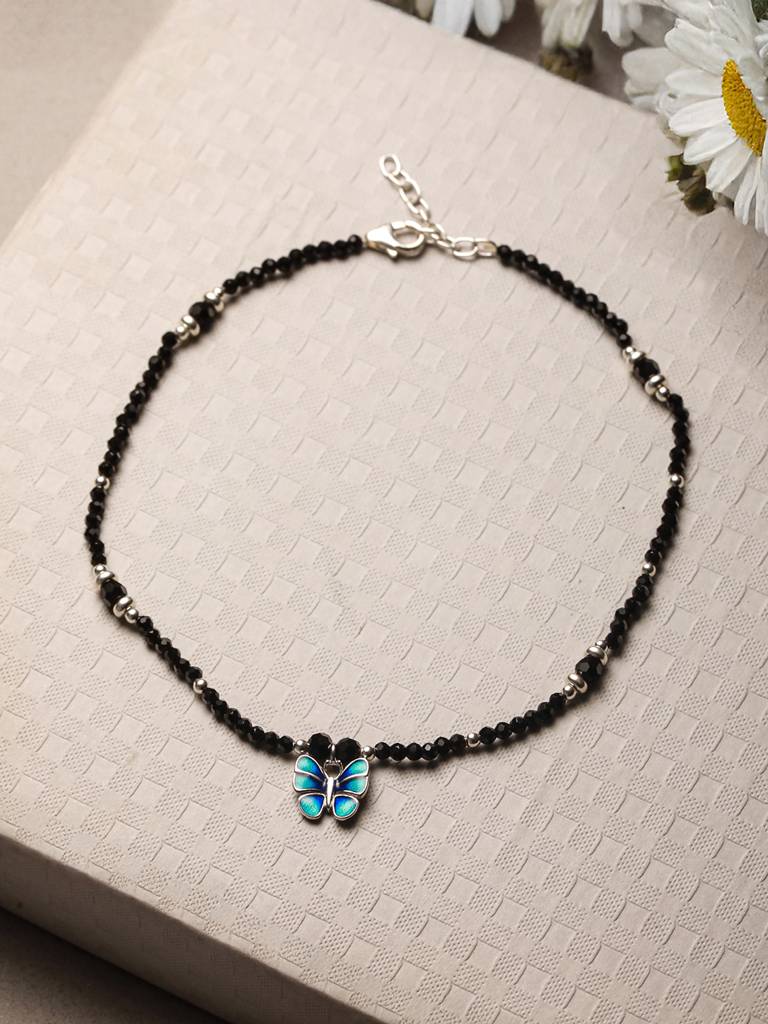 925 Sterling Silver Blue Enamelled Butterfly Charms Payal Anklet : AGPL5264