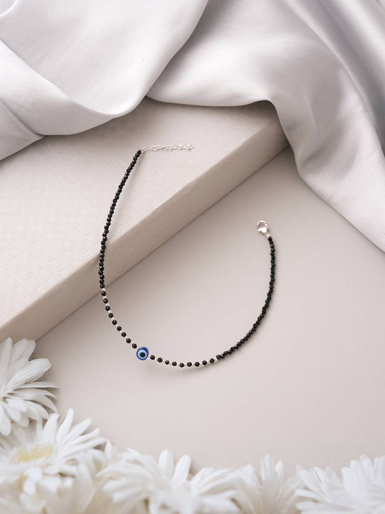 925 Sterling Silver Black Crystals & Evil Eye Charms Nazar Delicate Payal Anklet : AGPL5265