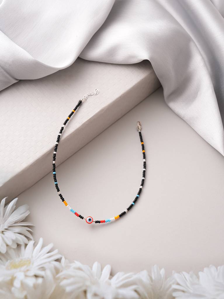 925 Sterling Silver Red & Multicolored Evil Eye Designer Delicate Payal Anklet : AGPL5266