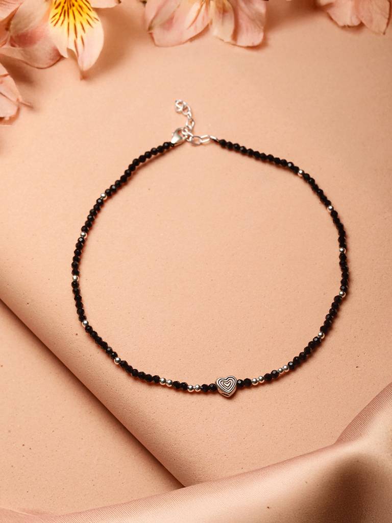 925 Sterling Silver Black Beads Heart Shaped Charms Payal Anklet : AGPL5268
