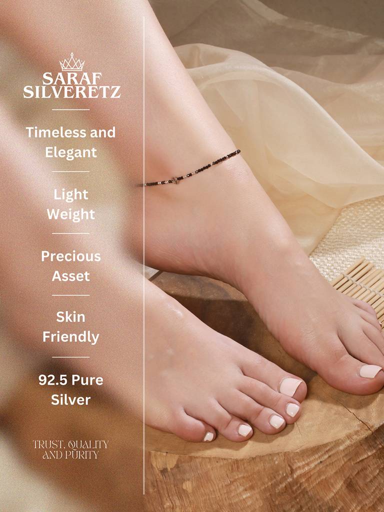 925 Sterling Silver Black Beads Heart Shaped Charms Payal Anklet : AGPL5268