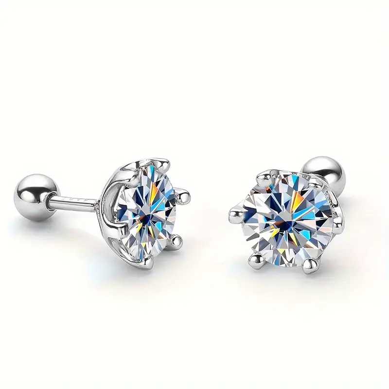 2 Ct / Pair Round Radiant Moissanite Stud Earrings : Round_ScrewBack_2ct