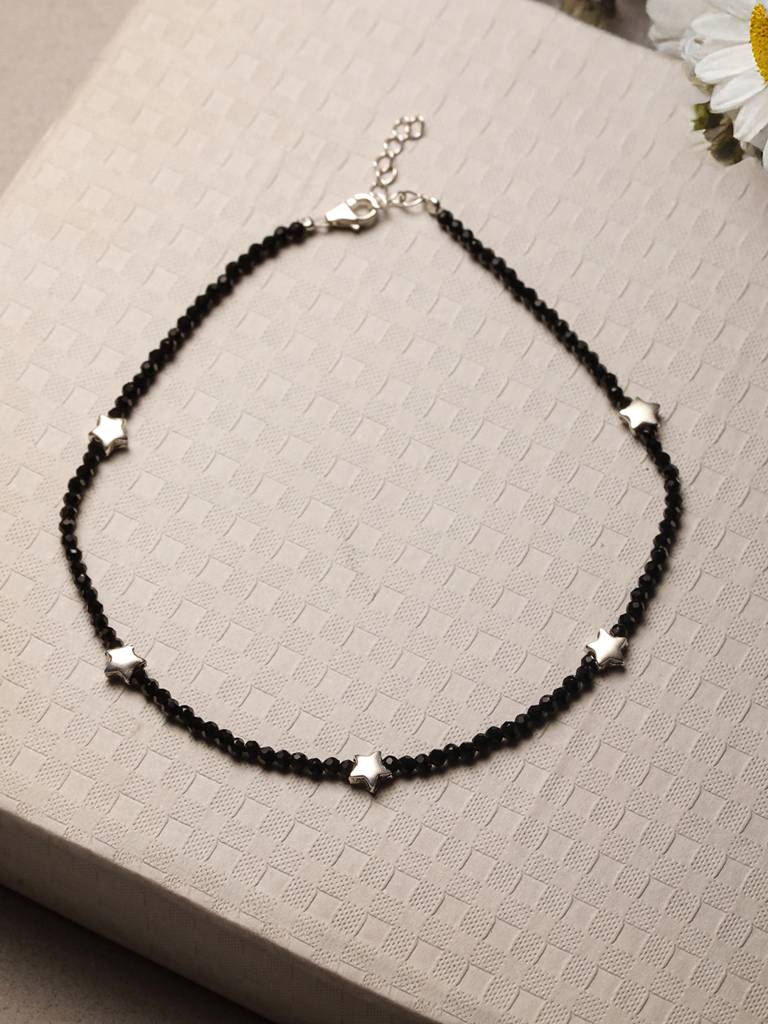 925 Sterling Silver Black Beads Star Shaped Charms Payal Anklet : AGPL5270