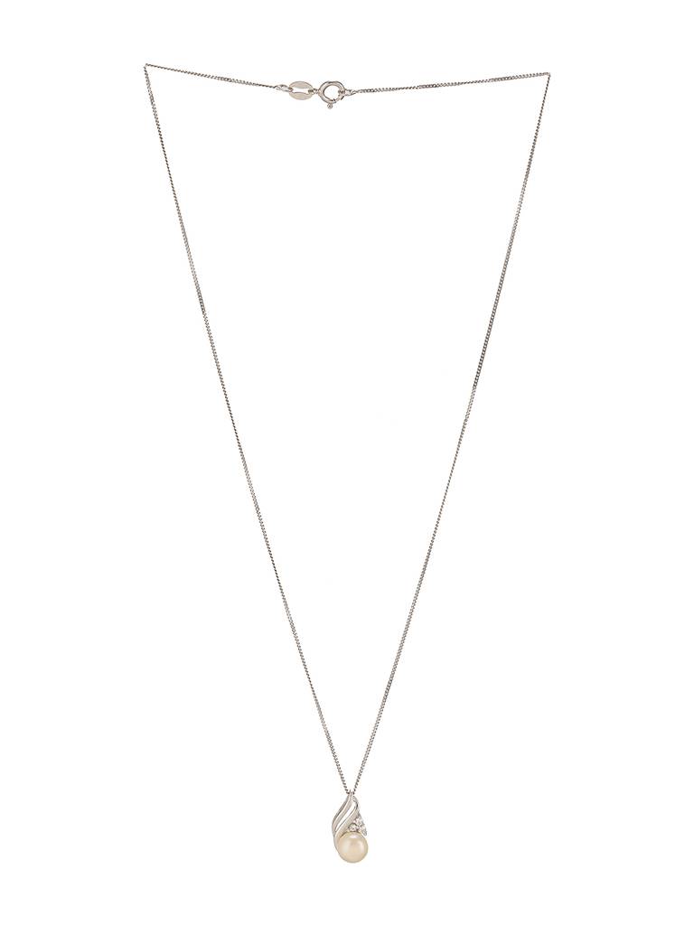 925 Sterling Silver Zircon & Pearl Embellished Delicate Pendant Neckalace & Chain : AGLK5272