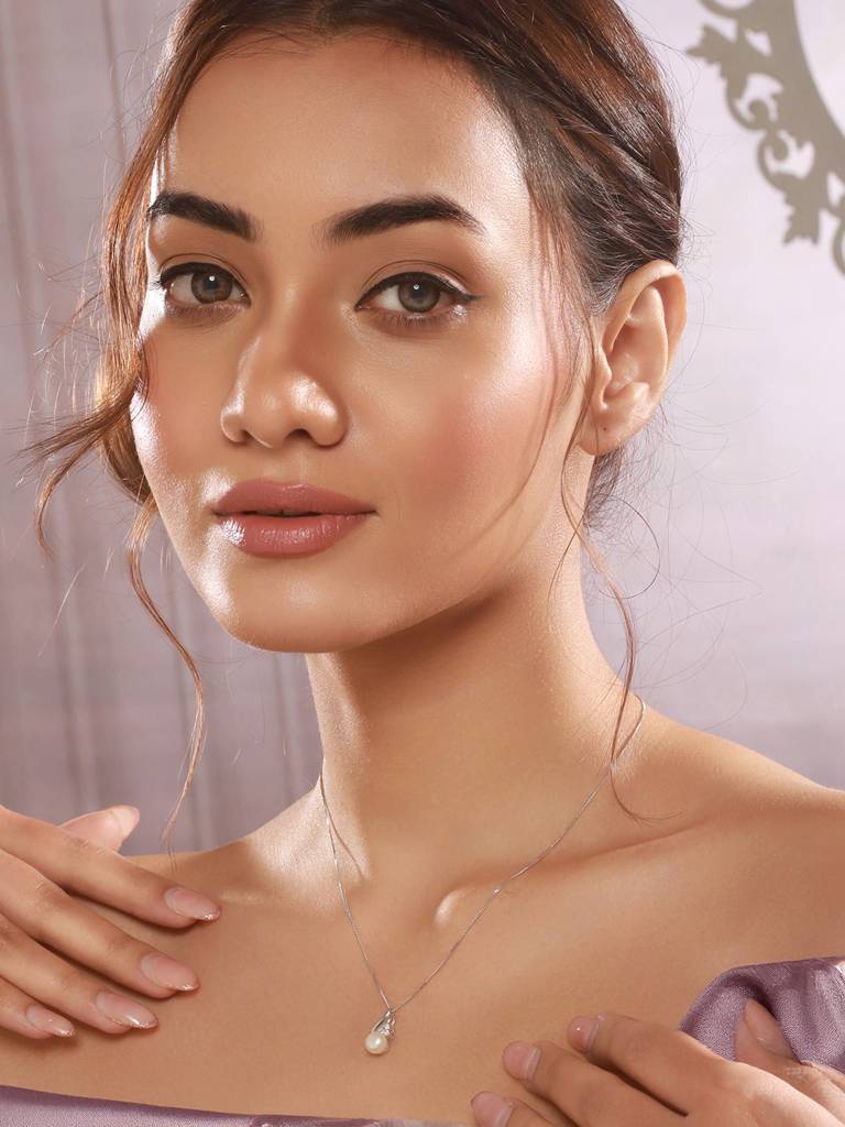 925 Sterling Silver Zircon & Pearl Embellished Delicate Pendant Neckalace & Chain : AGLK5272