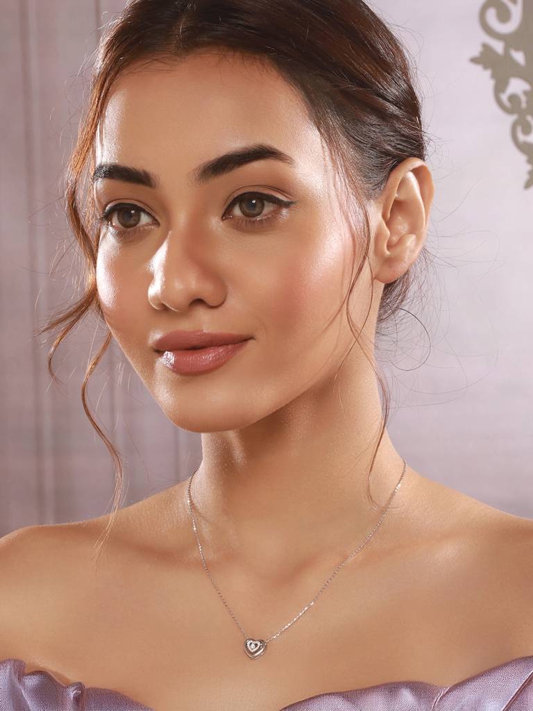 925 Sterling Silver Zircon Studded Heart Shaped Minimal Pendant Necklace & Chain : AGLK5274