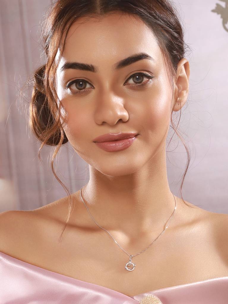 925 Sterling Silver Cz Studded Delicate Orbital Star Pendant Necklace & Chain : AGLK5277