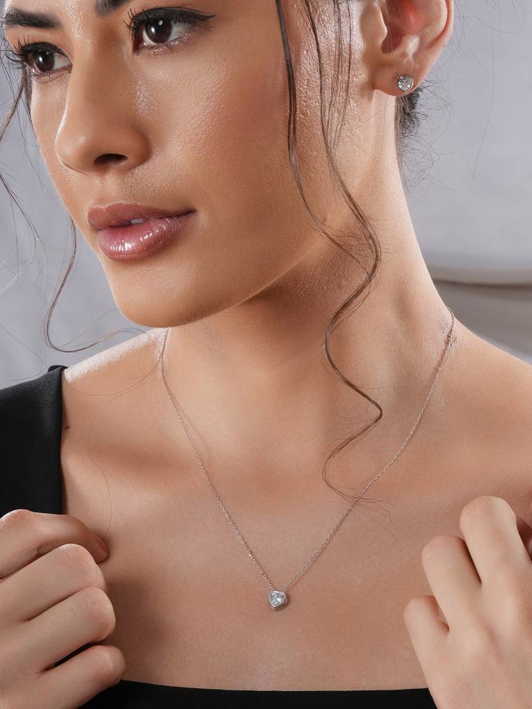 925 Sterling Silver Cz Studded Solitaire Heart Shaped Pendant Jewellery Set : AGLK5279