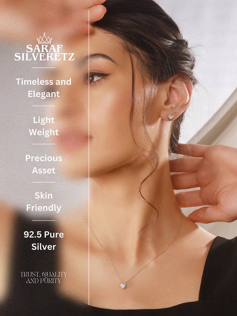 925 Sterling Silver Cz Studded Solitaire Heart Shaped Pendant Jewellery Set : AGLK5279