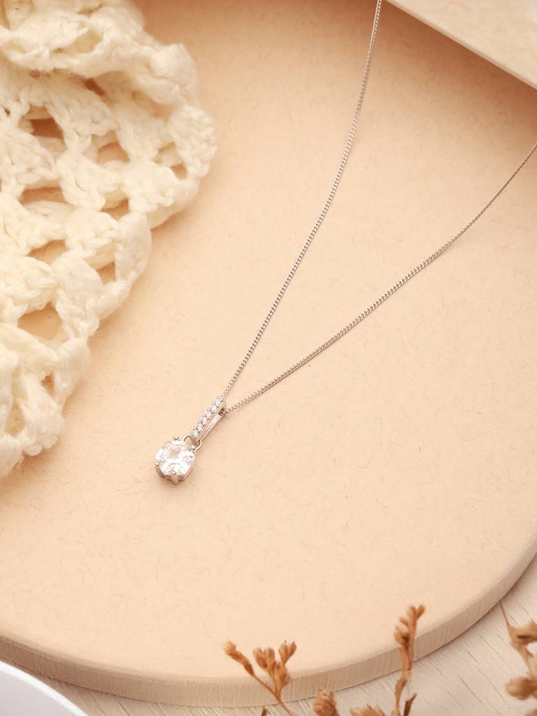925 Sterling Silver Rhodium Plated Cubic Zirconia Solitaire Minimal Pendant Necklace & Chain : AGLK5280