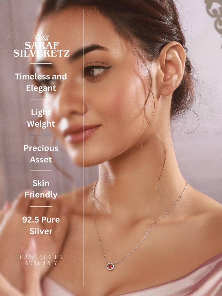 925 Sterling Silver Red Ruby Zircon Embedded Heart Pendant Necklace & Chain : AGLK5284