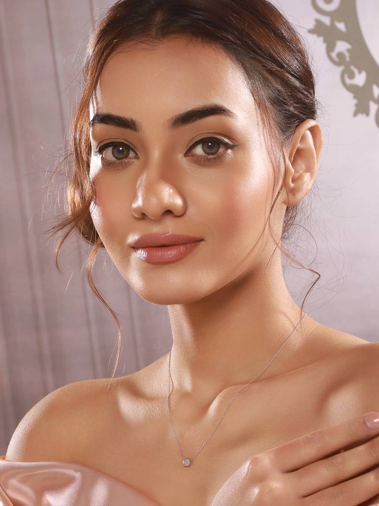 925 Sterling Silver Rhodium Plated Halo Square Solitaire Minimal Pendant Necklace & Chain : AGLK5285