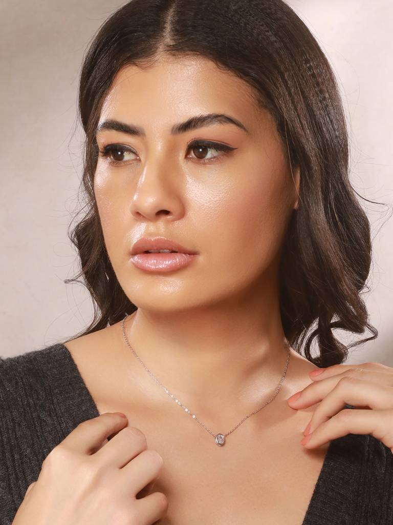 925 Sterlling Silver Cz Studded Oval Ad Solitaire Pendant Necklace & Chain : AGLK5290