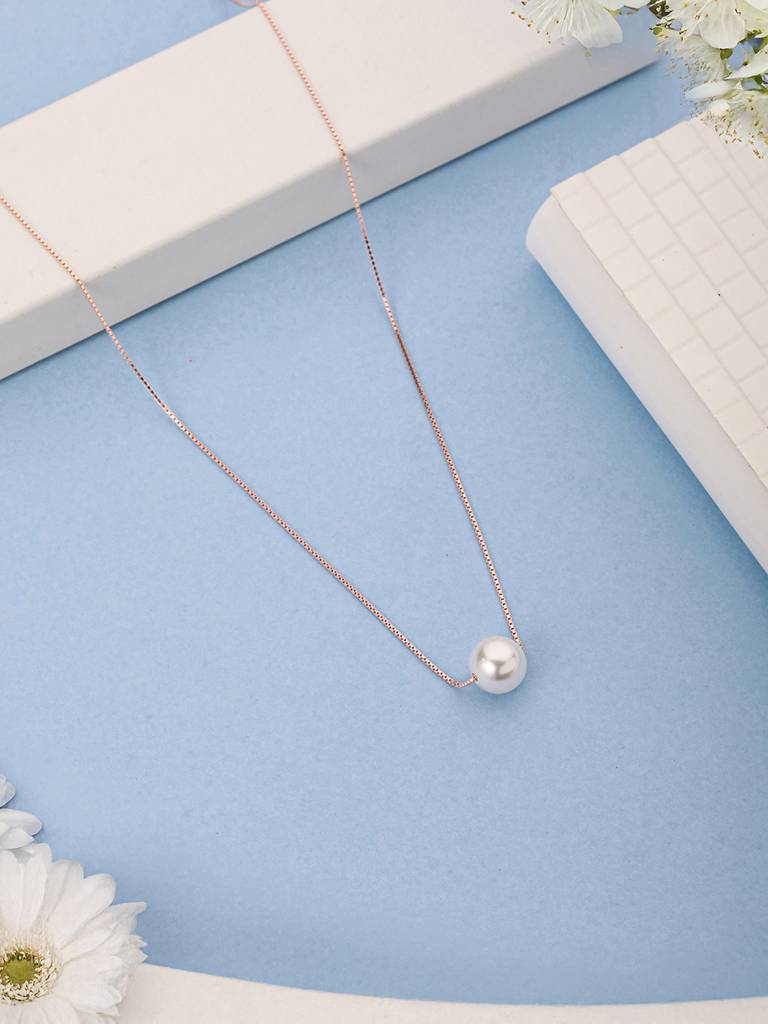 925 Sterling Silver Rose Gold Pearl Beaded Minimal Delicate Necklace & Chain : AGLK5292