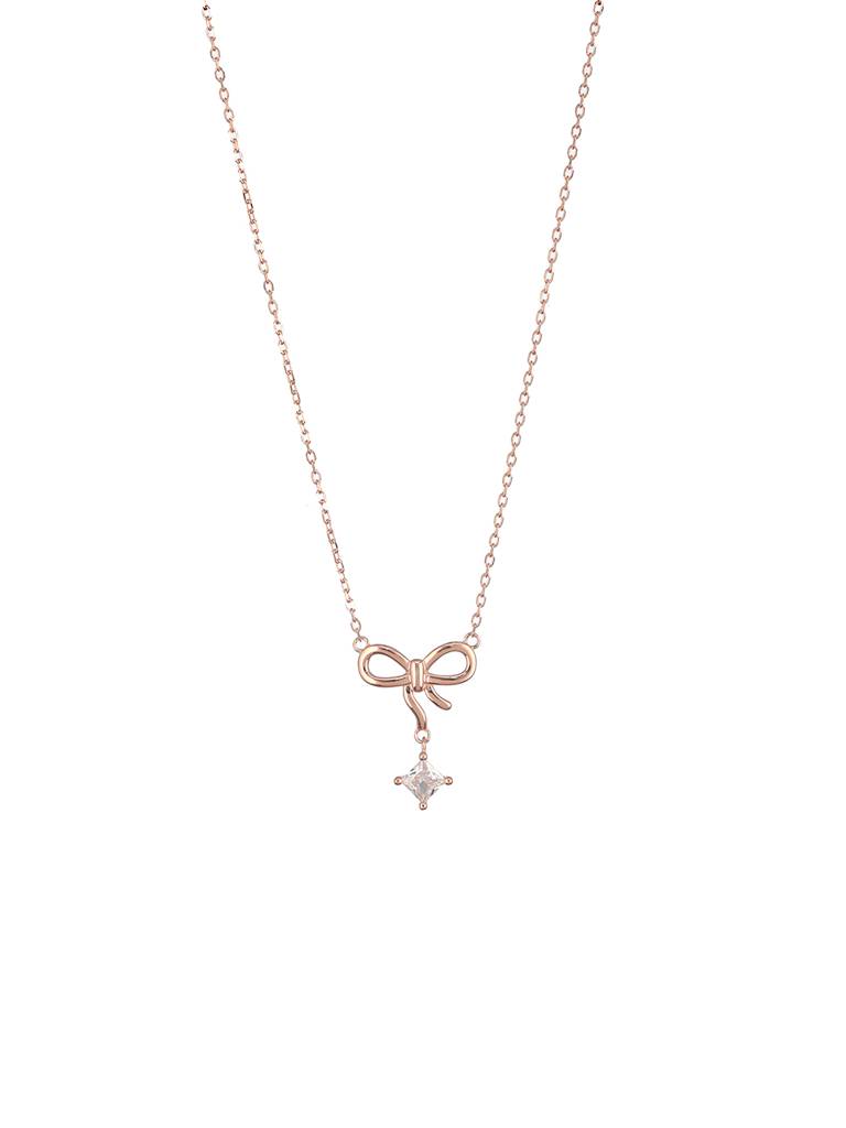 925 Sterling Silver Rose Gold Ad Studded Minimal Bow Designer Pendant Necklace & Chain : AGLK5297