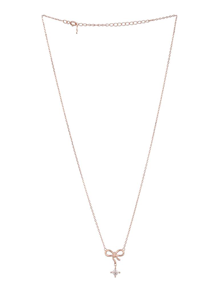 925 Sterling Silver Rose Gold Ad Studded Minimal Bow Designer Pendant Necklace & Chain : AGLK5297