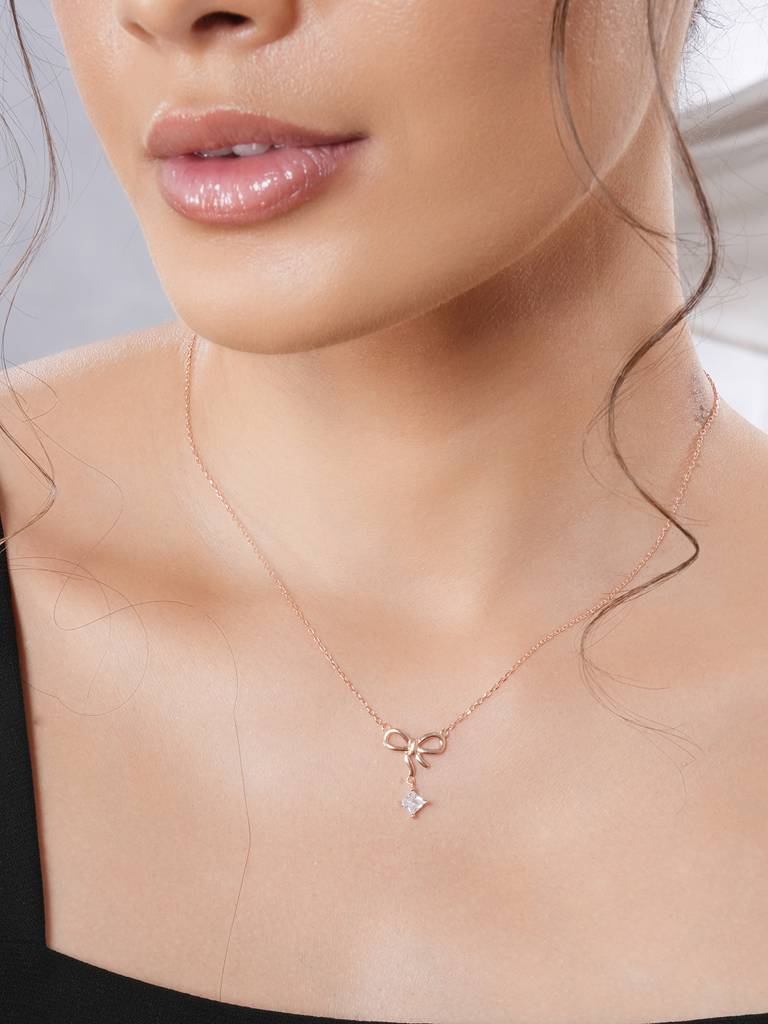 925 Sterling Silver Rose Gold Ad Studded Minimal Bow Designer Pendant Necklace & Chain : AGLK5297