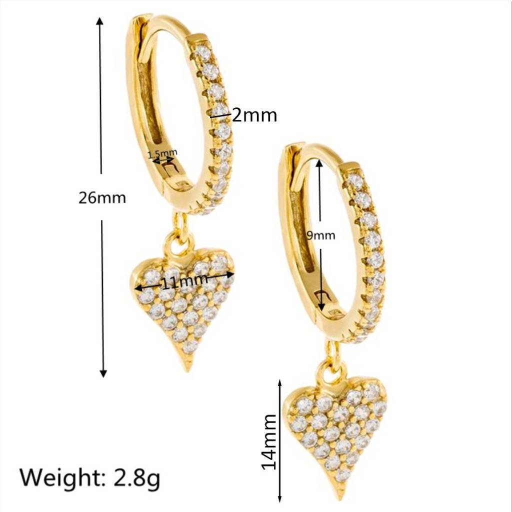 18K Gold Plated Waterproof, Anti-Tarnish Heart Zircon Drop Huggies : AWU0125E241
