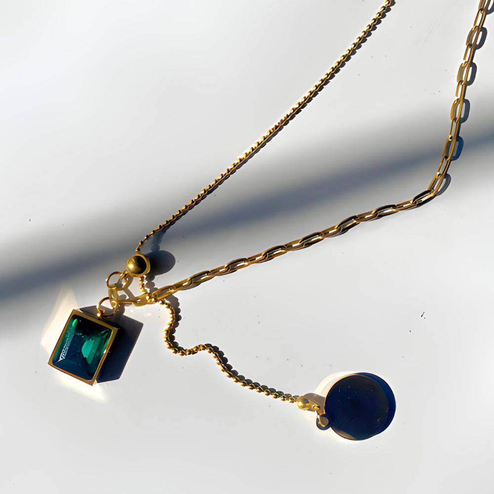 18Kt Gold Plated Emerald Link And Beaded Chain Necklace, Piya : INPIYA