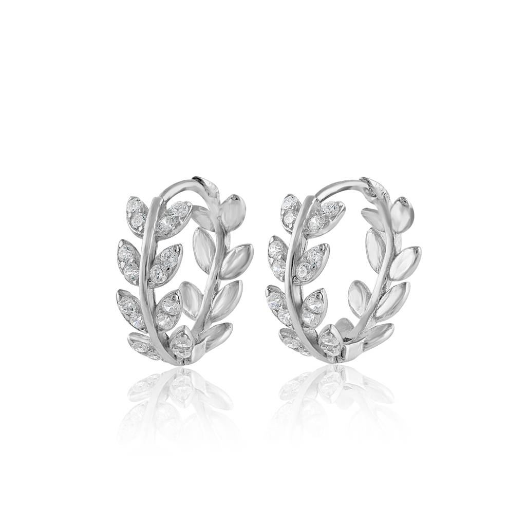 925 Sterling Silver Leaf Design Huggie Hoop Earrings With Cubic Zirconia  Sterling Silver Silver