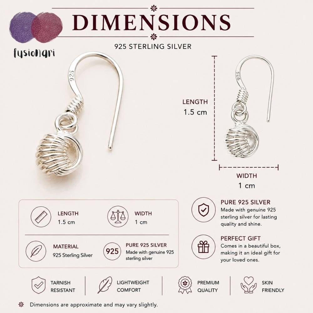925 Sterling Silver Ball Drop Earrings For Women | Handmade Wire Sphere Dangle Hook Earrings For Girls : FU-1225