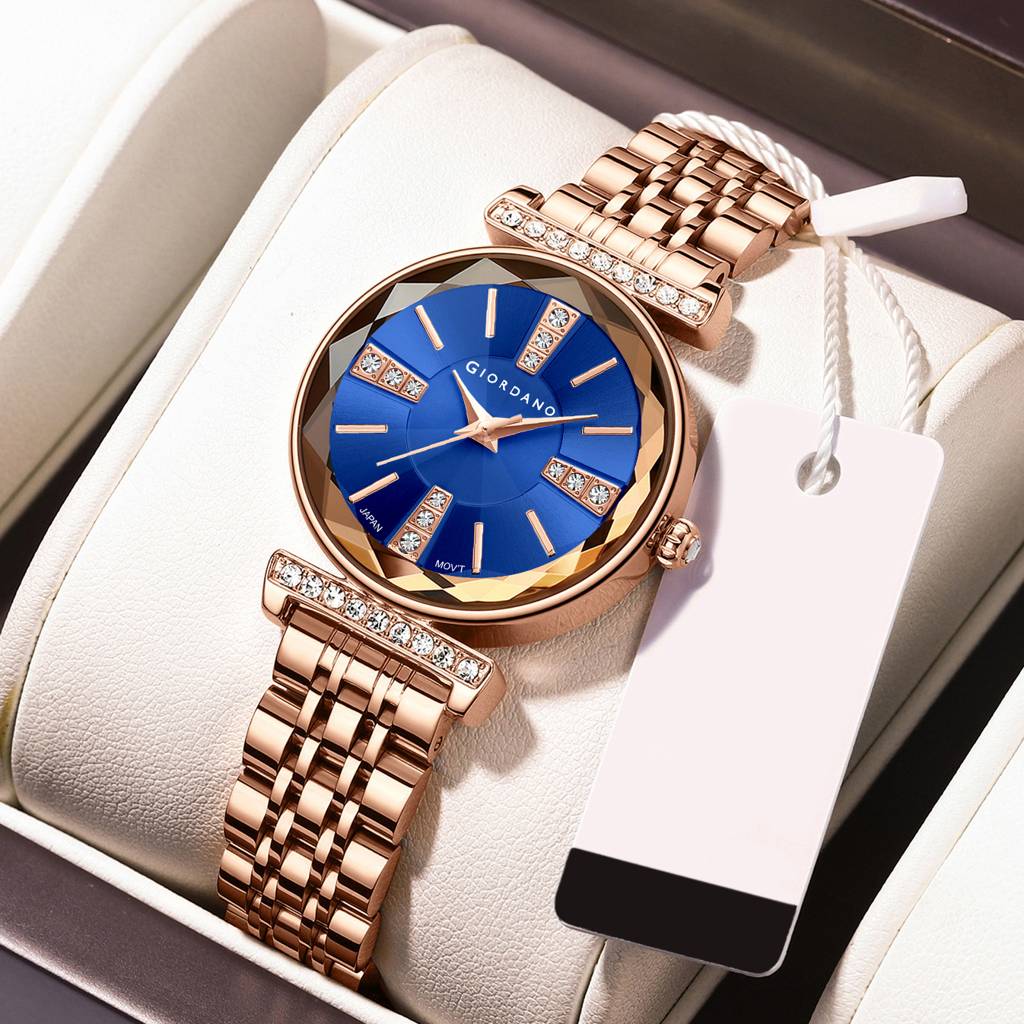 Giordano Stylish Diamond Studded Analog Wrist Watch For Women With Elegant Diamond Cut Glass And Glass Coated St : GZ-60084-44