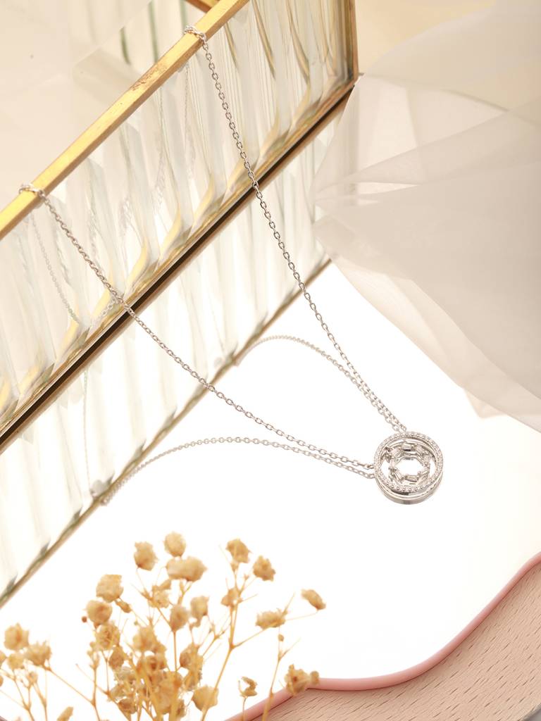 925 Sterling Silver Rhodium Plated Crystals Studded Halo Baguette Ring Necklace & Chain : AGLK5303