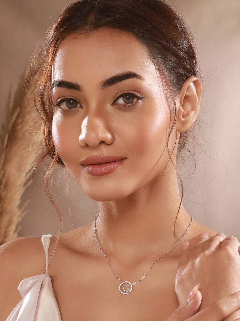925 Sterling Silver Rhodium Plated Crystals Studded Halo Baguette Ring Necklace & Chain : AGLK5303