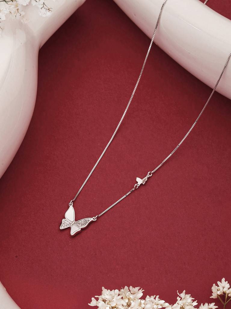 925 Sterling Silver Cz Studded Butterfly Pendant Minimal Necklace & Chain : AGLK5305