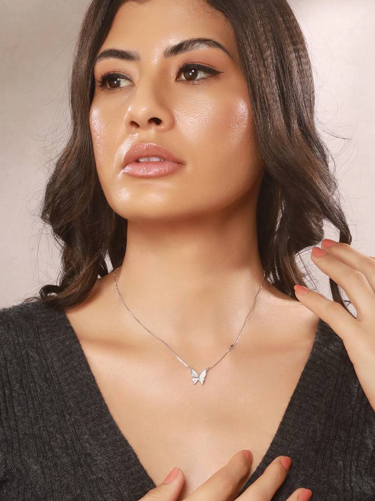 925 Sterling Silver Cz Studded Butterfly Pendant Minimal Necklace & Chain : AGLK5305
