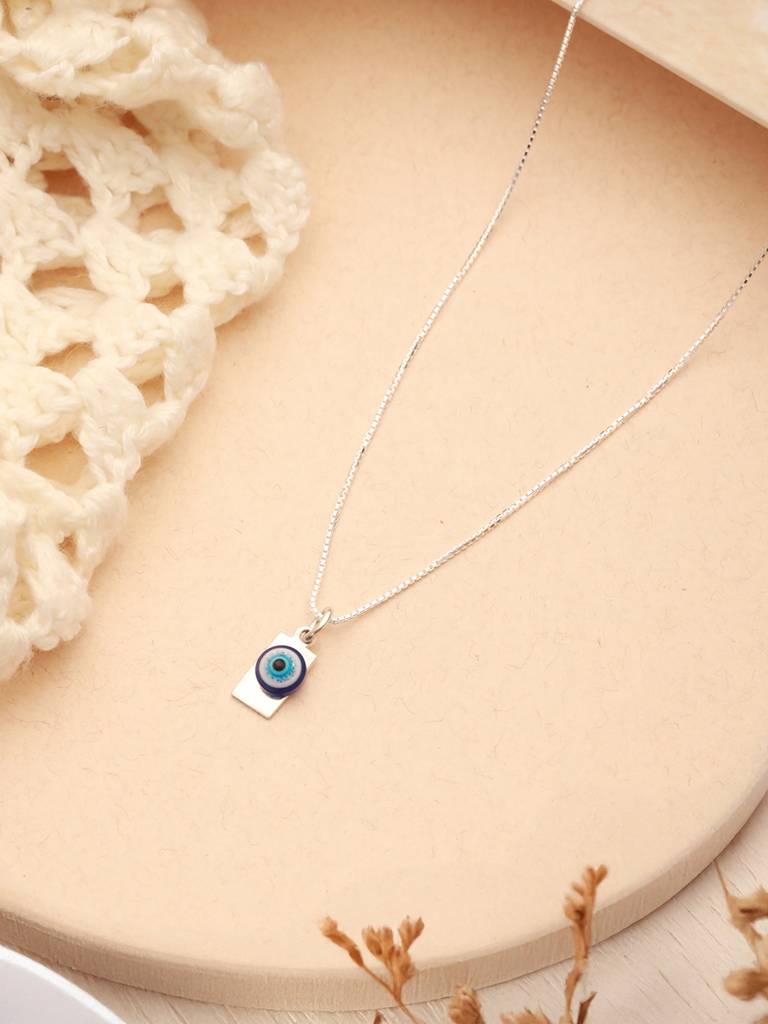 925 Sterling Silver Rhodium Plated Bar Evil Eye Charm Pendant Necklace & Chain : AGLK5307