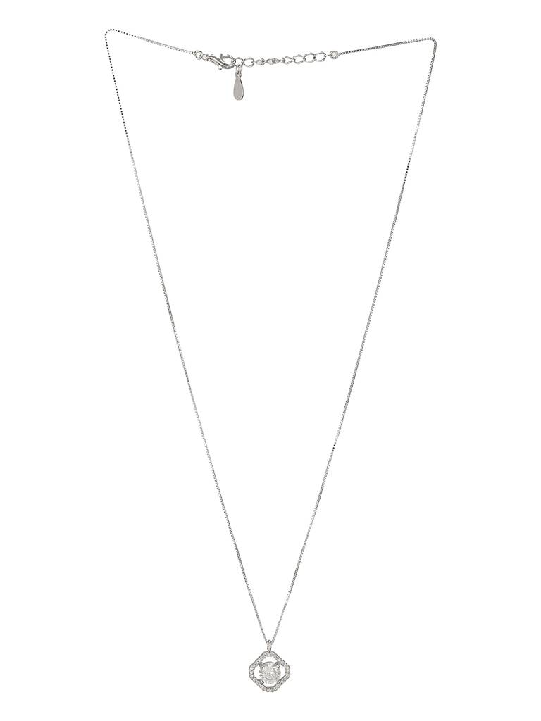 925 Sterling Silver Zircon Square Halo Solitaire Minimal Pendant Necklace & Chain : AGLK5315