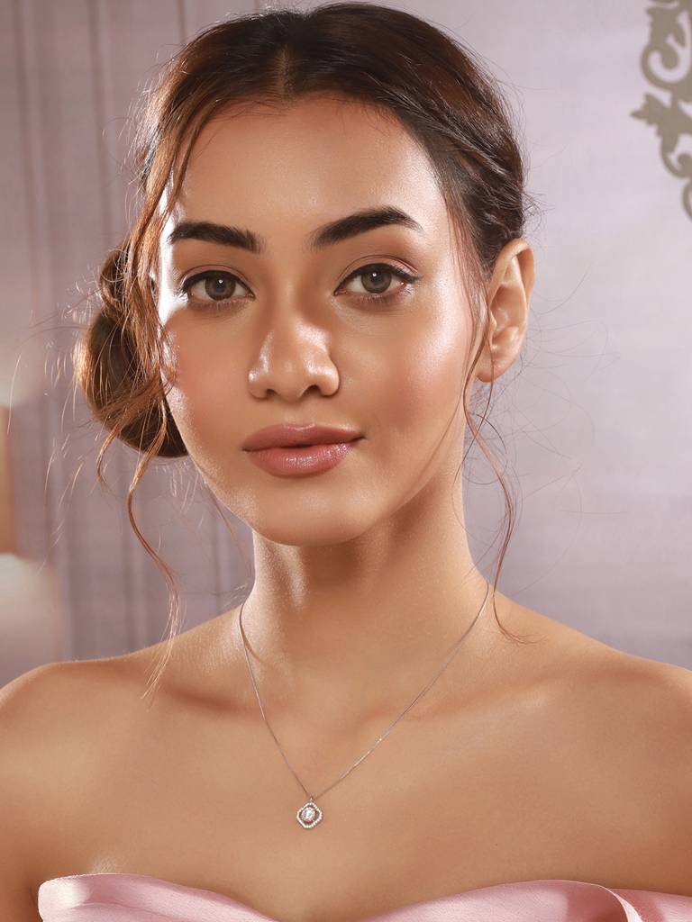 925 Sterling Silver Zircon Square Halo Solitaire Minimal Pendant Necklace & Chain : AGLK5315