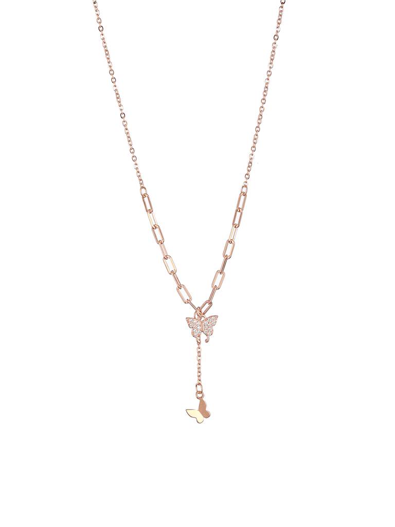 925 Sterling Silver Cz Studded Rose Gold Plated Butterfly Tassle Inimal Necklace & Chain : AGLK5317