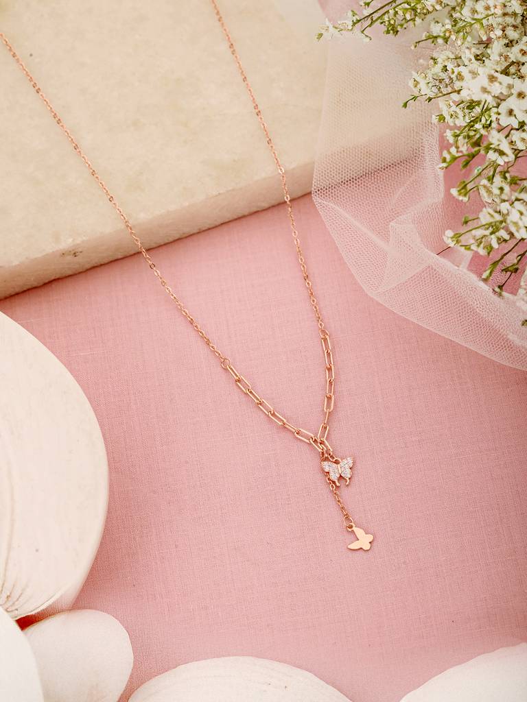925 Sterling Silver Cz Studded Rose Gold Plated Butterfly Tassle Inimal Necklace & Chain : AGLK5317