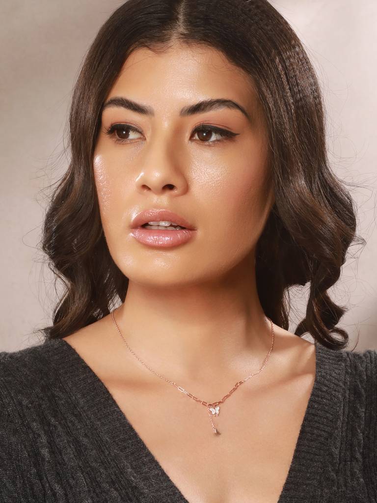 925 Sterling Silver Cz Studded Rose Gold Plated Butterfly Tassle Inimal Necklace & Chain : AGLK5317