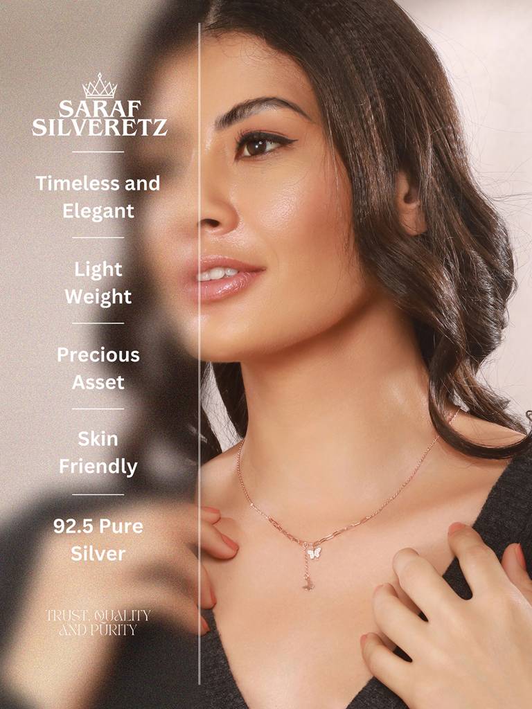 925 Sterling Silver Cz Studded Rose Gold Plated Butterfly Tassle Inimal Necklace & Chain : AGLK5317