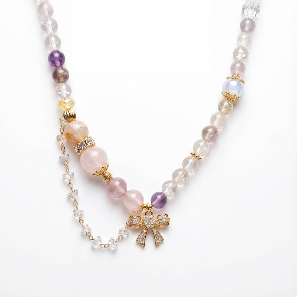 Korean Whimsical Bow & Mixed Quartz Beaded Necklace : YUFSNL256