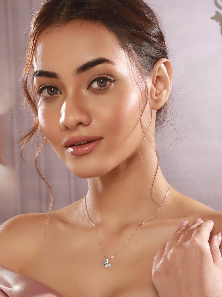 925 Sterling Silver Zircon Studded Butterfly Charm Pendant Necklace & Chain : AGLK5323