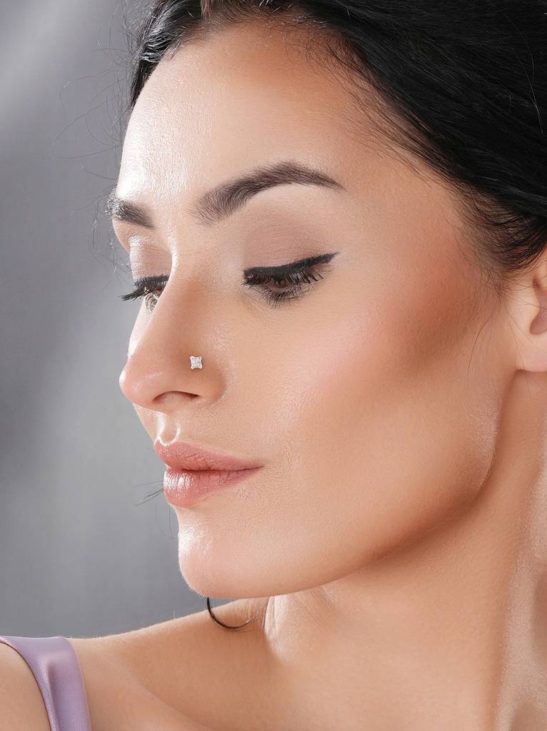 925 Sterling Silver Princess Cut Ad  Square Solitaire Studd Nose Ring : AGNT5327