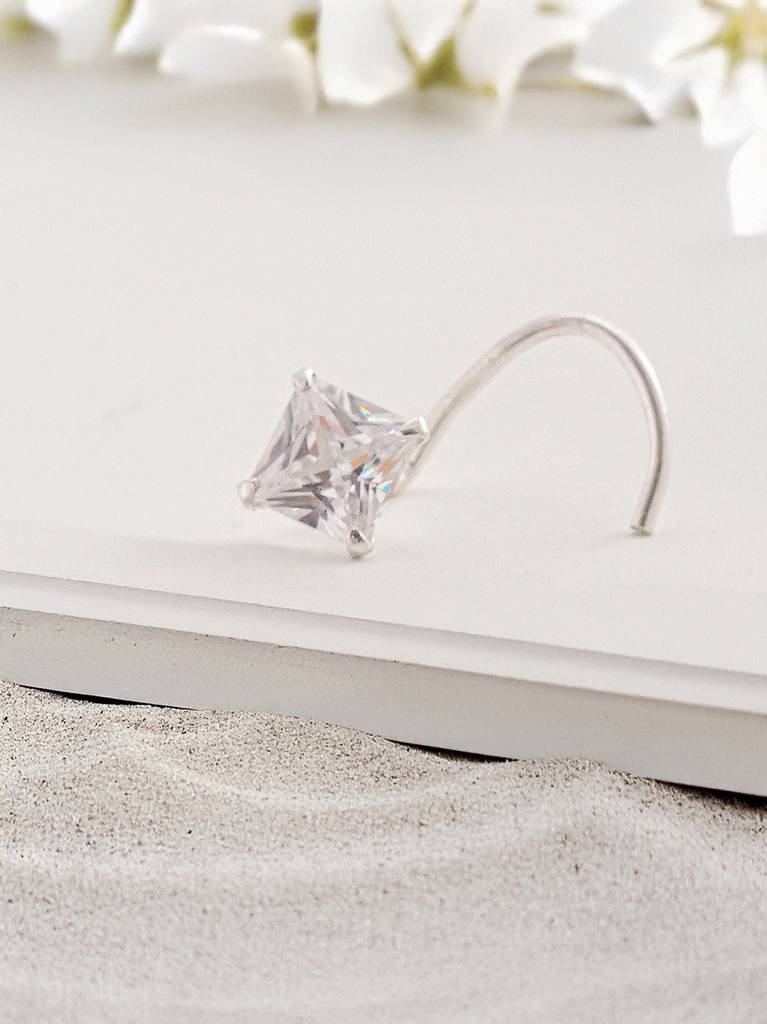 925 Sterling Silver Princess Cut Ad  Square Solitaire Studd Nose Ring : AGNT5327