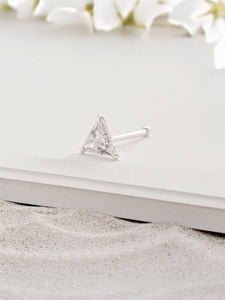925 Sterling Silver Triangle Shaped Ad Embellished Solitaire Shiny Nose Pin : AGNT5329